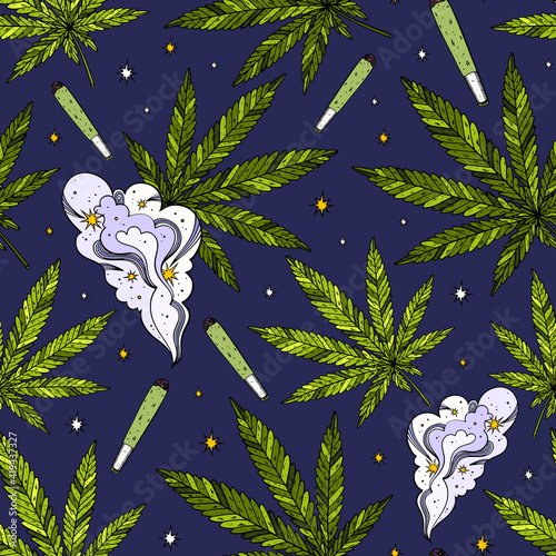 Weed background. Marijuana seamless pattern. Drug consumption, cannabis leaves and smoking drugs. Fun doodle illustration of smoking equipment.