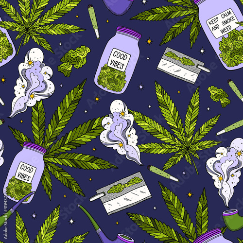 Weed background. Marijuana seamless vector pattern. Drug consumption, cannabis and smoking drugs. Fun doodle illustration of smoking equipment.