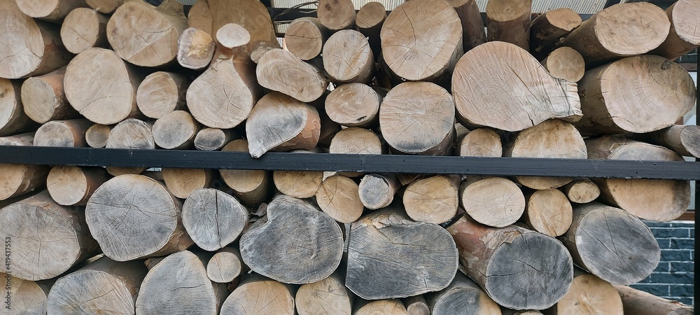 Sawn trees for firewood, stacked near the barbecue. Sawn trees for firewood, stacked near the barbecue.
