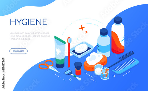 Personal hygiene - modern colorful isometric web banner
