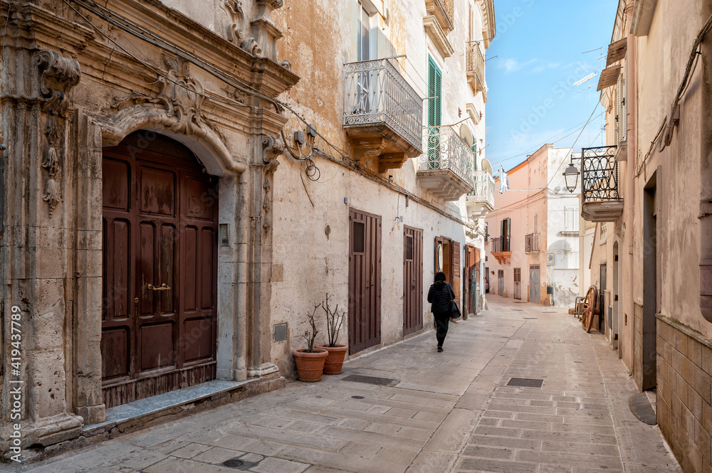 Castellaneta, Taranto district, Apulia, Puglia, Murge, Ionian Coast, Italy, Italia, Europe, in the foreground the baroque portal of Palazzo Sarapo Vittorio Emanuele street