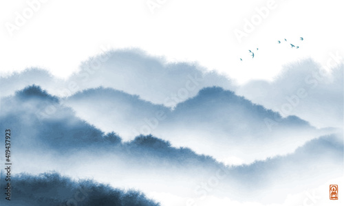 Landscape with blue misty forest mountains. Traditional oriental ink painting sumi-e, u-sin, go-hua.