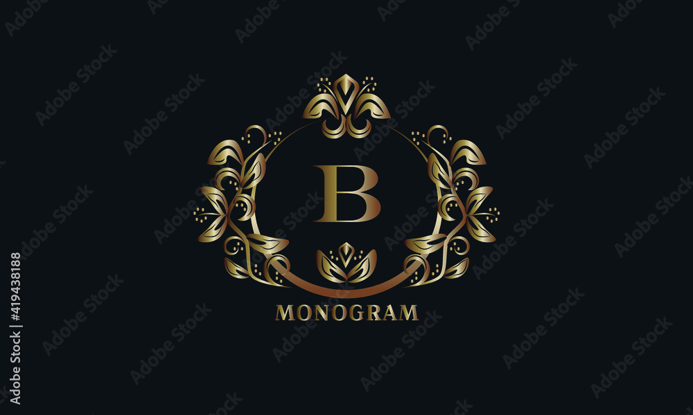 Exquisite bronze monogram on a dark background with the letter B. Stylish logo is identical for a restaurant, hotel, heraldry, jewelry, labels, invitations.