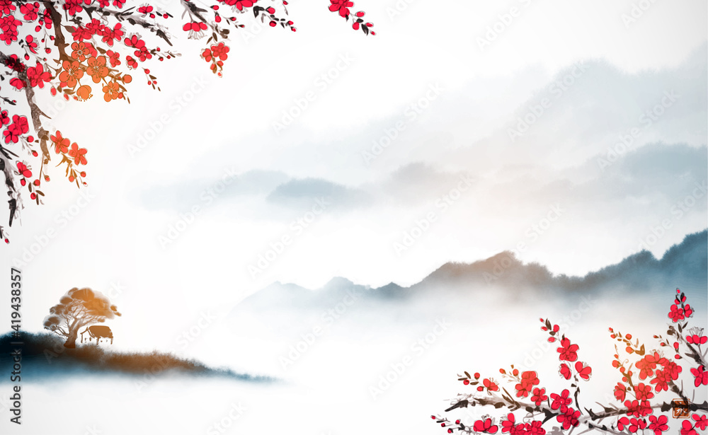 Fototapeta Landscape with sakura blossom, liitle house in the hill and blue misty forest mountains. Traditional oriental ink painting sumi-e, u-sin, go-hua. Hieroglyph - clarity