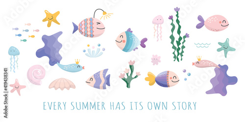 Sealife cartoons set. Cute fish, jellyfish, star, shell characters collection for kids. Vector