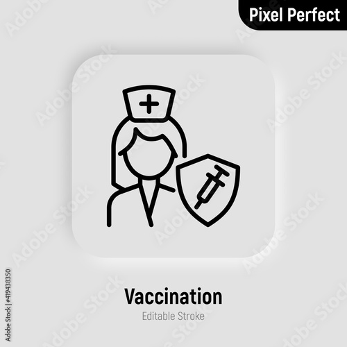 Coronavirus vaccination for medical staff. Virus protection: nurse is protected by shield with vaccine. Immune system. Thin line icon. Pixel perfect, editable stroke. Vector illustration.