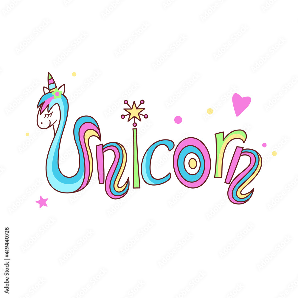 Unicorn text like a logo, badge, patch, and badge isolated on white background. Hand-drawn lettering Unicorn for greeting card, invitation, flyer, banner template. Vector illustration 