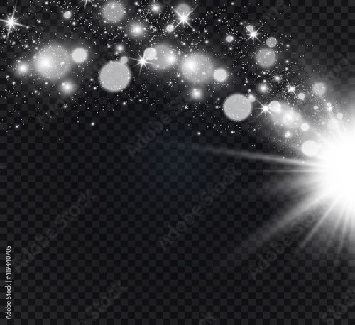 Special lens flash, light effect. The flash flashes rays and searchlight. illust.White glowing light. Beautiful star Light from the rays. The sun is backlit. Bright beautiful star. Sunlight. Glare.
