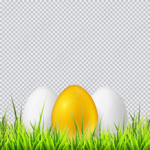 White and golden eggs on a grass. Realistic vector illustration isolated on white background.