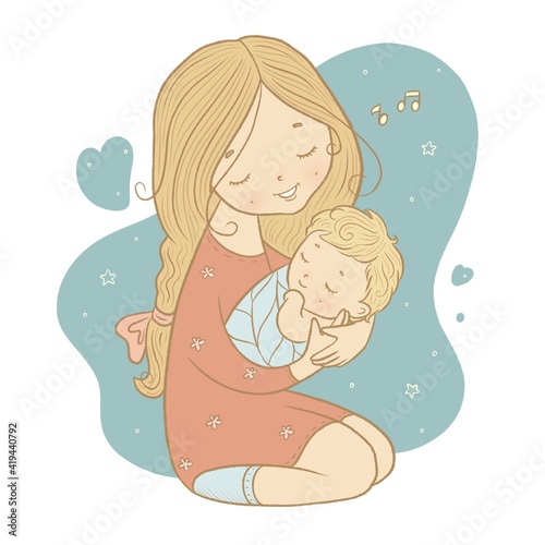 mother's day, mother holding baby in her arms and singing a lullaby, isolated illustration on print