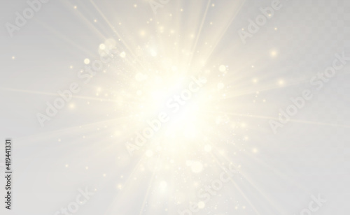 Special lens flash, light effect. The flash flashes rays and searchlight. illust.White glowing light. Beautiful star Light from the rays. The sun is backlit. Bright beautiful star. Sunlight. Glare.