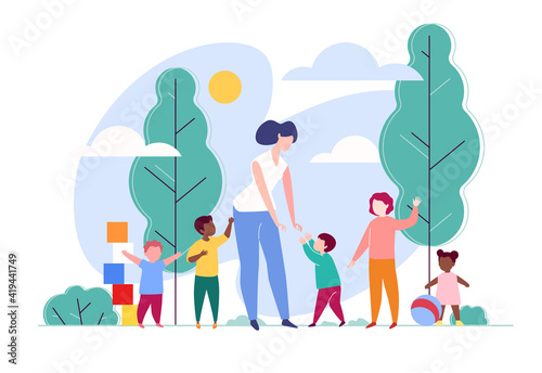 Kindergarten. Group of Children of Different Ages. Nanny Teaches  Baby to Walk. Volunteer Plays with kids in Nature. Cartoon Vector Illustration.