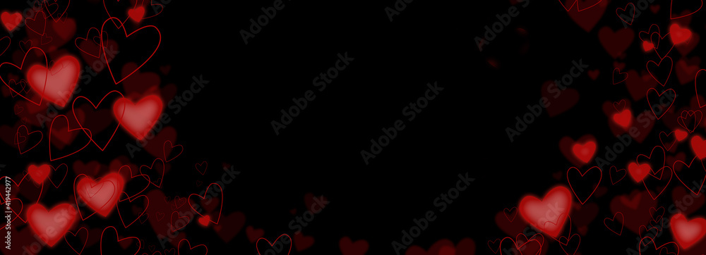 Red hearts on dark background. Abstract holiday background.
