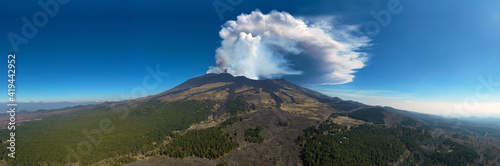 Virtual reality panorama at 180 degrees of the eruption of the Etna volcano on 4 March 2021. Paroxysm on Etna in Sicily. Lava flow inside the Valle del Bove.
