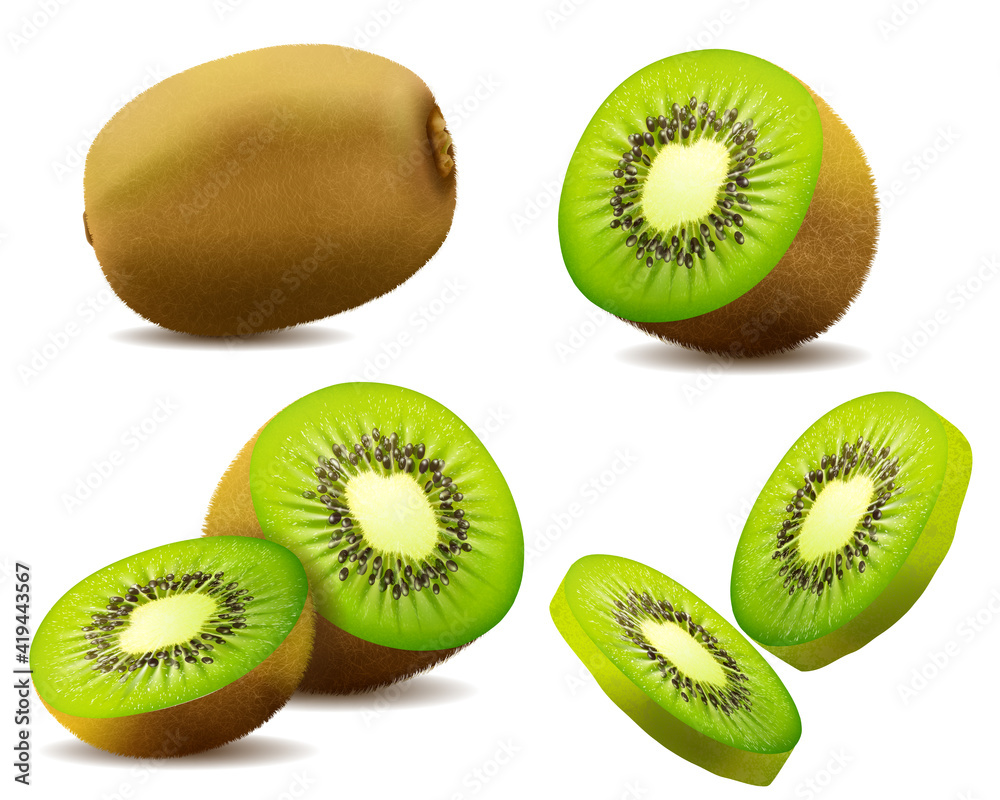 Fototapeta premium Realistic kiwi. Juicy exotic whole fruit, half and slice . Fresh organic food for healthy eating. Ripe tropical berry for sweet dessert. vector design.