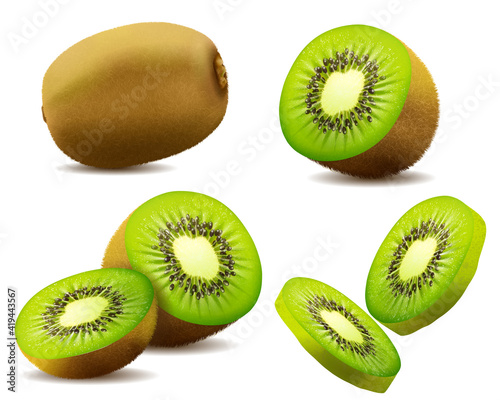 Realistic kiwi. Juicy exotic whole fruit, half and slice . Fresh organic food for healthy eating. Ripe tropical berry for sweet dessert. vector design.