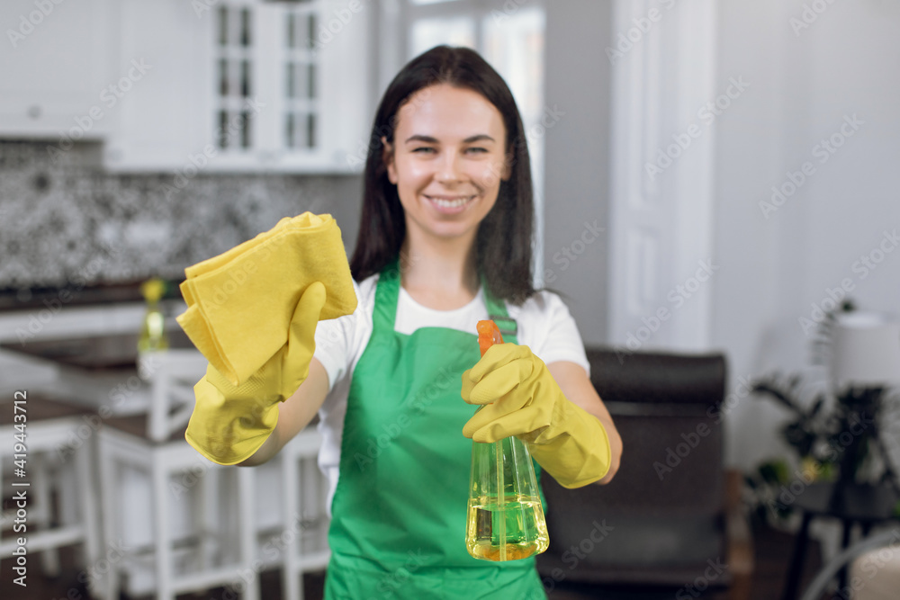 Blurred view of pretty smiling young female cleaner in gloves and apron, spraying cleaner detergent to camera and making wiping actions, posing in luxury client's appartment. Focus on hands. Blurred view of pretty smiling young female cleaner in gloves and apron, spraying cleaner detergent to camera and making wiping actions, posing in luxury client's appartment. Focus on hands.