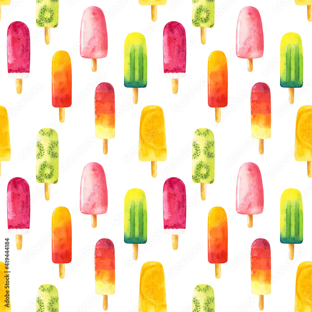 Seamless pattern with watercolor ice cream isolated on white background.