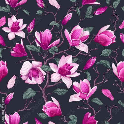 Seamless pattern with pink magnolia flowers, leaves, petals on dark background. Branches of realistic, vector flowers for fabric, banners, posters in social networks, outdoor advertising, cards.