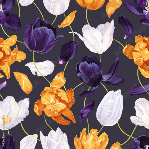 Seamless_PSeamless pattern with realistic vector hand-drawn tulips. Spring flowers white, dark blue and yellow on dark background. Ornament for your design, textiles, greeting cards, surfaces, wrappin © MPetrovskaya