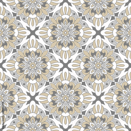 Vintage line art pattern with white seamless monochrome pattern on gray background for fabric design. © superpolis