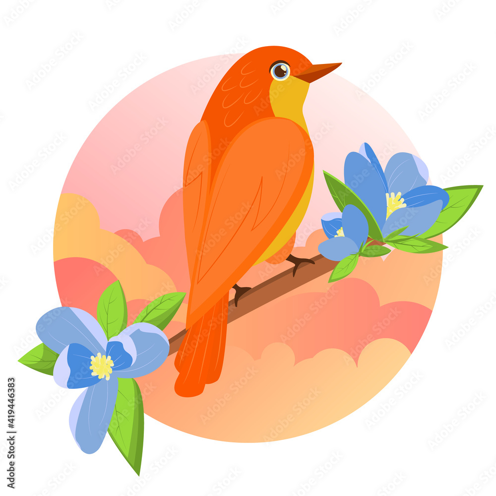 Beautiful vector illustration with hand drawn birds, japanese flowers, tree, spring wallpaper, branches. Perfect for wallpapers, web page backgrounds, surface textures, textile