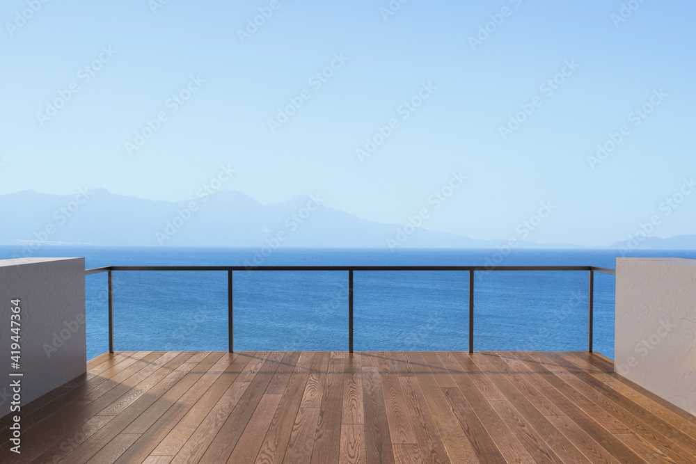 View from the balcony to the sea.Landscape. Sunny Day. Terrace with a beautiful view. Background with beautiful landscape. City near the sea.