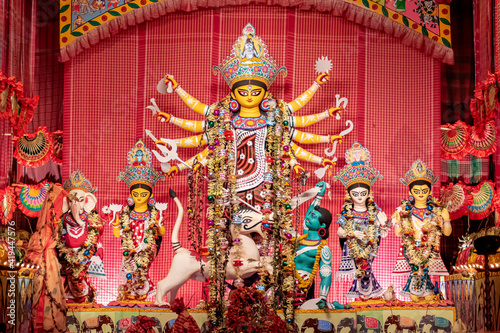 Idol of Goddess Devi Durga at a decorated puja pandal in Kolkata, West Bengal, India. Durga Puja is a famous and major religious festival of Hinduism that is celebrated throughout the world. © Sudip Biswas