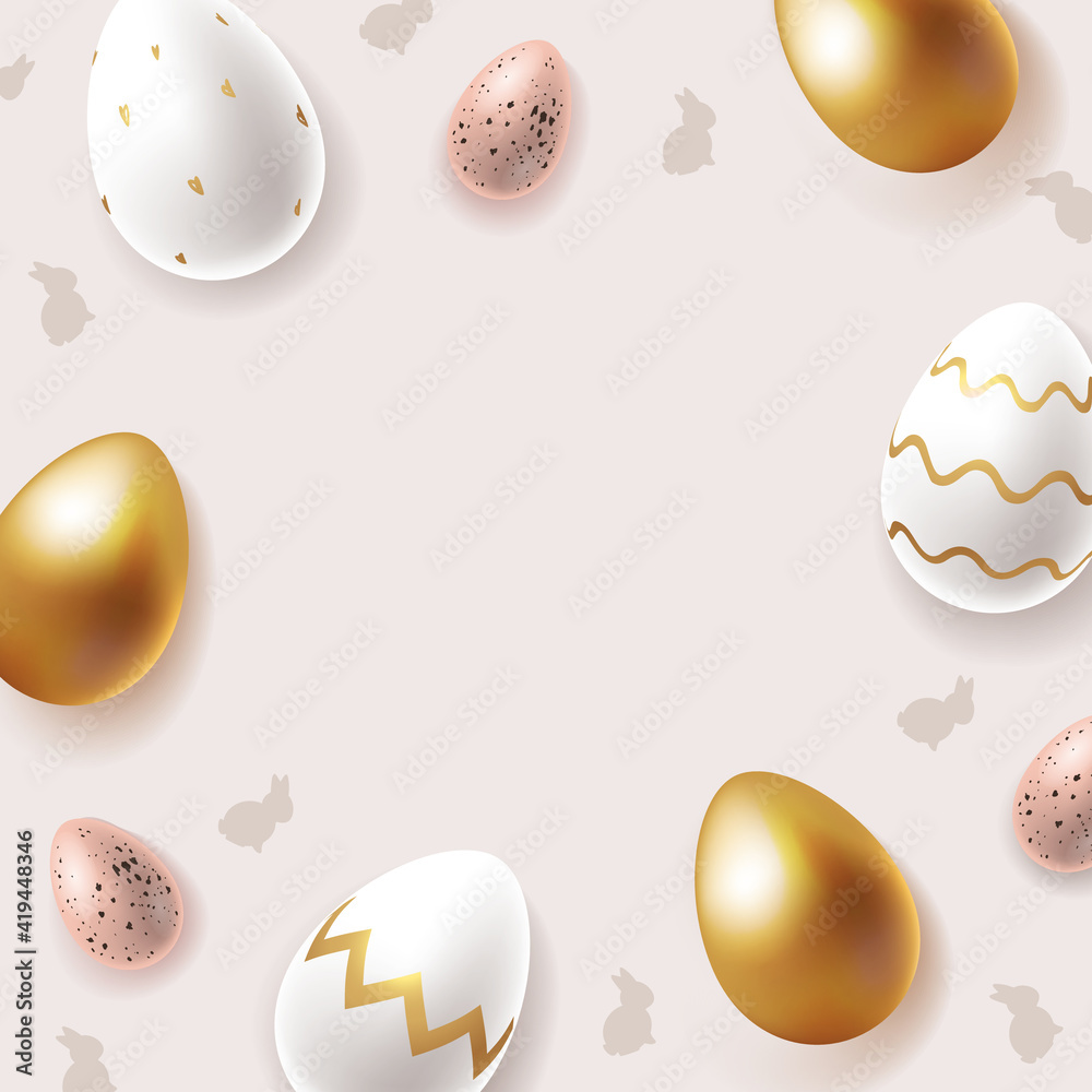Easter eggs with bunny silhouettes on light background. Realistic chicken and quail eggs painted and decorated with trendy golden ornaments for Easter. - Vector illustration