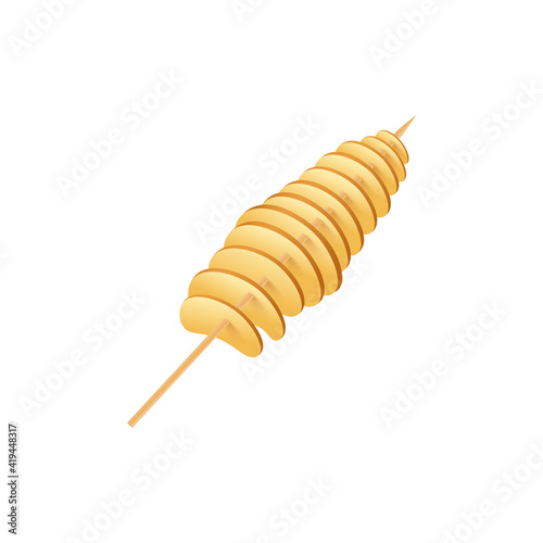 Fried spiral potato chips on skewer, realistic vector illustration isolated.