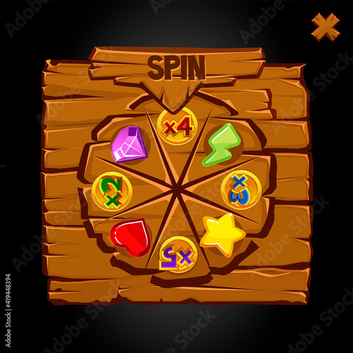 Wooden old wheel of fortune with bonus icons.