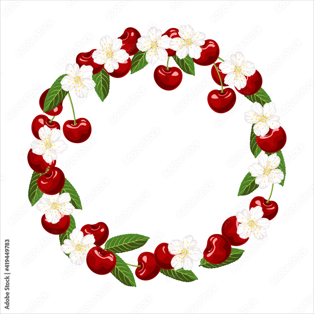 Wreath of red cherry berry, green leaves and flowers. Fruit frame, border. Vector illustration in cartoon flat style. Wreath of red cherry berry, green leaves and flowers. Fruit frame, border. Vector illustration in cartoon flat style.