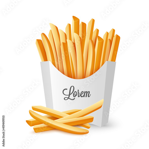 Box of fried potato or French fries realistic vector illustration isolated.