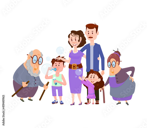 Happy married couple with children boy and girl - flat characters.