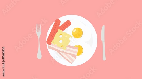 Breakfast illustration, with fried eggs, bacon, sausages, cheese, plate and cutlery