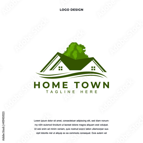 Creative home town icon logo design vector illustration. green house symbol logo design color editable