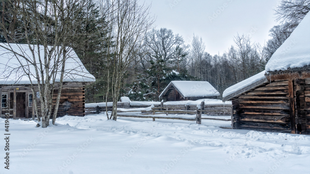 Winter snow covered village house, fence and trees. Nice old village house in the middle of beautiful winter with lots of white snow and trees. Countryside concept.