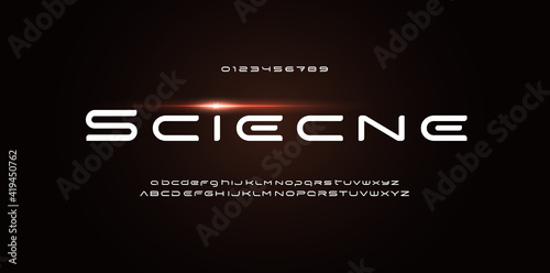 Space stunning font for futuristic logo and science technology text. Wide rounded letters. Techno alphabet for poster and banner of science fiction film and modern music. Vector typographic design
