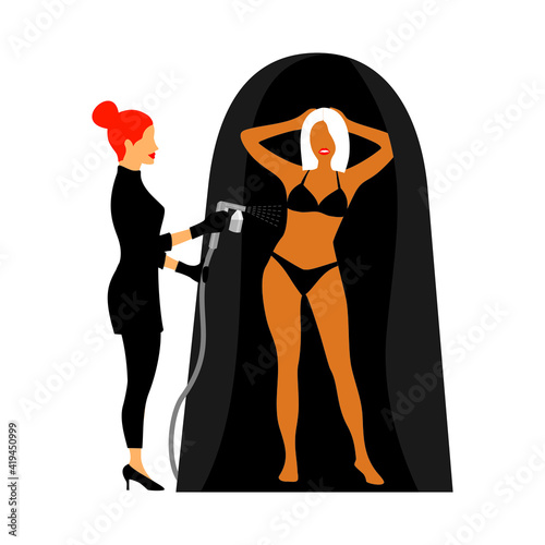 Beauty master in a black suit applying tan spray on a woman's body in a protective tent. Vector illustration of auto tanning procedure