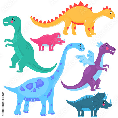 Funny dinosaurs. Dragon. A set of cartoon vector illustrations