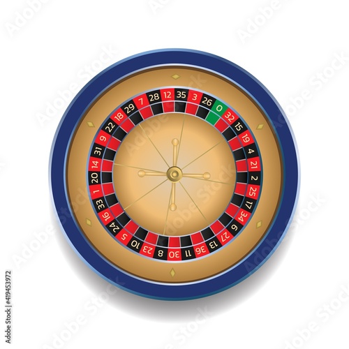 European roulette wheel online casino in blue and gold colors. Realistic style vector illustration isolated on white background.