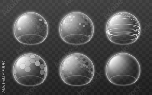 Bubble shields, energy glowing transparent force fields a vector illustrations