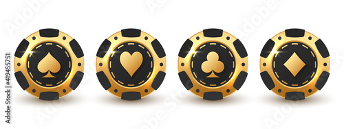 Set of gold, black poker chips, token with golden suits on white. Diamonds, clubs, hearts, spades. Vector illustration for casino, game design, flyer, poster, banner, web, advertising.