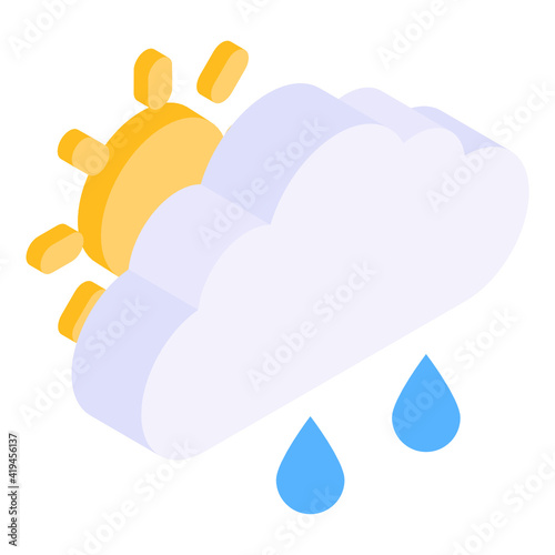 
Cloud with drops denoting isometric icon of raining 

