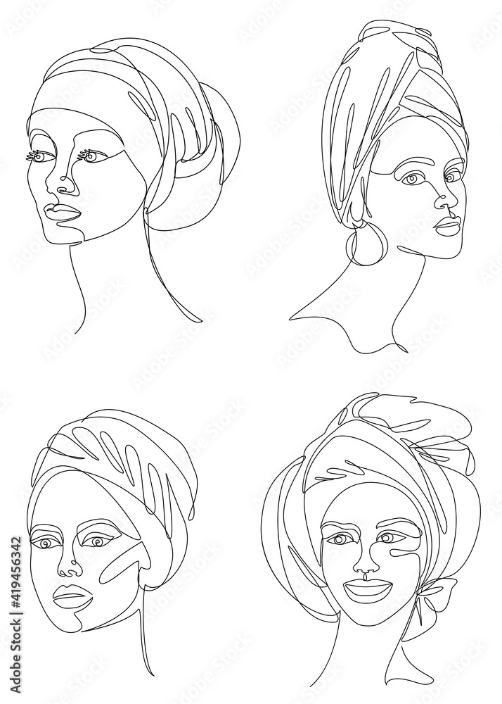 Collection. Silhouettes of the girl's head. Lady in a turban, scarf. Woman face in modern one line style. Solid line, contour for decor, posters, stickers, logo. Vector illustration set. Collection. Silhouettes of the girl's head. Lady in a turban, scarf. Woman face in modern one line style. Solid line, contour for decor, posters, stickers, logo. Vector illustration set.