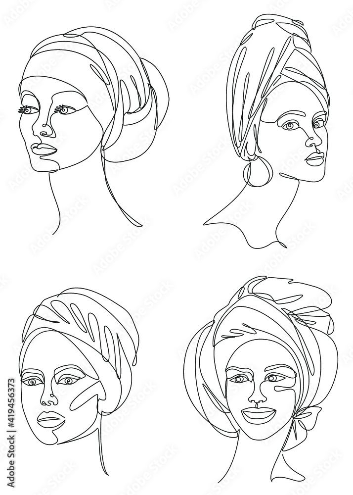 Collection. Silhouettes of the girl's head. Lady in a turban, scarf. Woman face in modern one line style. Solid line, contour for decor, posters, stickers, logo. Vector illustration set. Collection. Silhouettes of the girl's head. Lady in a turban, scarf. Woman face in modern one line style. Solid line, contour for decor, posters, stickers, logo. Vector illustration set.
