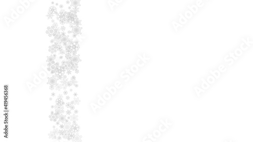 Snowflakes falling on white background. Horizontal Christmas and Happy New Year theme. Silver falling snowflakes for banner, gift card, party invitation, partner compliment and special business offers