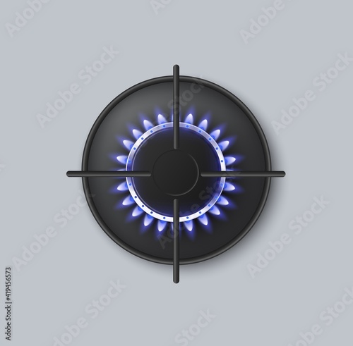 Hot gas burner of kitchen stove with blue burning flame a vector illustration.