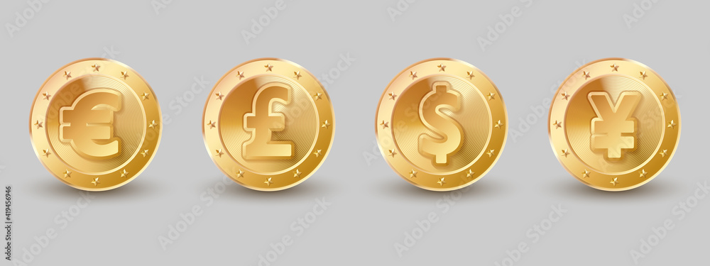 Set of gold, golden coins with stars on border, euro, dollar, yen, pound currency on white background. Vector illustration for card, party, design, flyer, poster, decor, banner, web, advertising. Set of gold, golden coins with stars on border, euro, dollar, yen, pound currency on white background. Vector illustration for card, party, design, flyer, poster, decor, banner, web, advertising.