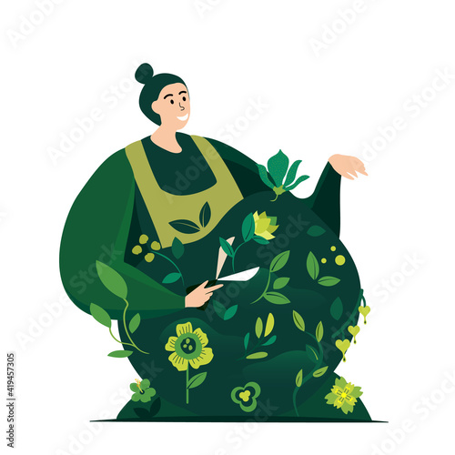 Gardener caring for Vertical Garden Green wall in interior Grower pruning plunt and leaves Evironment friendly Ecodesign for offices ecological Grass advertising for gardening Flat Vector illustration